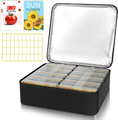 26 Slots Seed Storage Organizer Box with Insulated Bag That Holds 80-200 Seed Envelopes, Oxford Cloth Garden Seed Containers with Labels, Seed Packet Organizer for Plant, Flower ,Vegetable Seeds