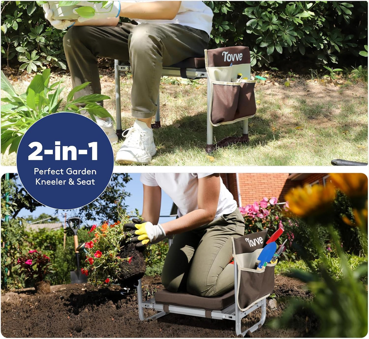 Tovve Foldable Garden Kneeler and Seat, Heavy Duty Garden Stool with 10" Wide Detachable Kneeling Pad, Portable Garden Bench Chair with Large Garden Tool Bag, Gardening Gifts for Women, Seniors, Mom