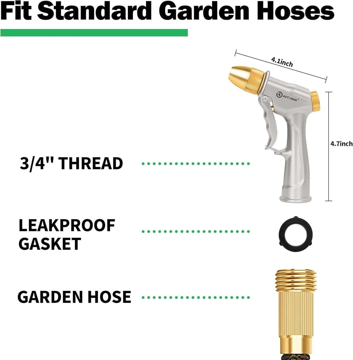 Garden Hose Nozzle Sprayer - High Pressure 100% Metal Water Spray Nozzle With 4 Patterns - Heavy Duty for Watering Plants, Lawns, Washing Cars & Pets