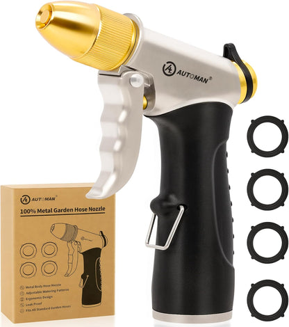 Garden Hose Nozzle Sprayer - High Pressure 100% Metal Water Spray Nozzle With 4 Patterns - Heavy Duty for Watering Plants, Lawns, Washing Cars & Pets