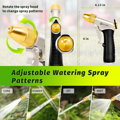 Garden Hose Nozzle Sprayer - High Pressure 100% Metal Water Spray Nozzle With 4 Patterns - Heavy Duty for Watering Plants, Lawns, Washing Cars & Pets