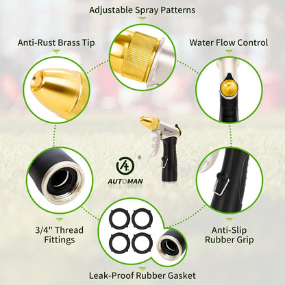 Garden Hose Nozzle Sprayer - High Pressure 100% Metal Water Spray Nozzle With 4 Patterns - Heavy Duty for Watering Plants, Lawns, Washing Cars & Pets