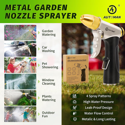 Garden Hose Nozzle Sprayer - High Pressure 100% Metal Water Spray Nozzle With 4 Patterns - Heavy Duty for Watering Plants, Lawns, Washing Cars & Pets