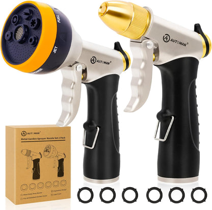Garden Hose Nozzle Sprayer - High Pressure 100% Metal Water Spray Nozzle With 4 Patterns - Heavy Duty for Watering Plants, Lawns, Washing Cars & Pets