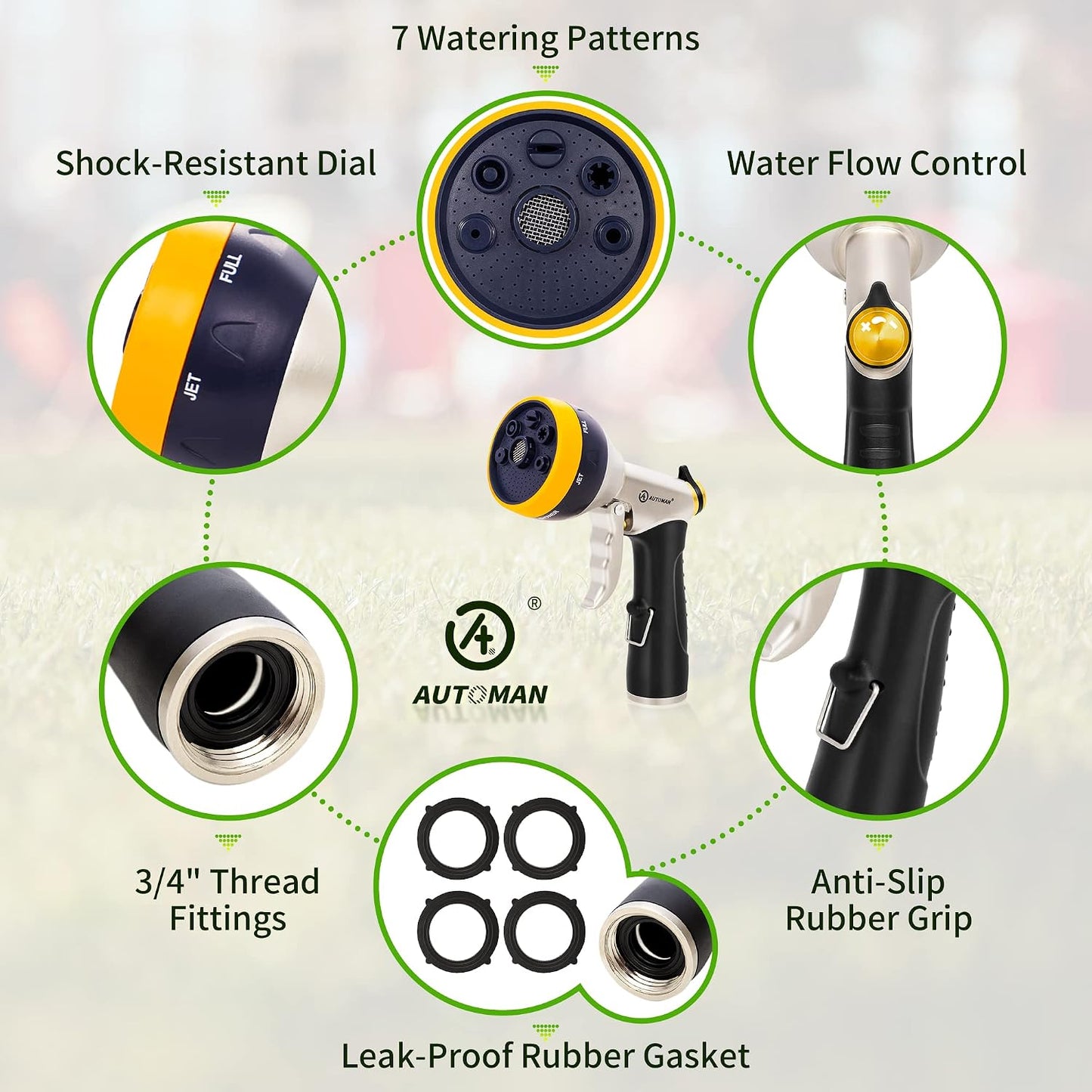 Garden Hose Nozzle Sprayer - High Pressure 100% Metal Water Spray Nozzle With 4 Patterns - Heavy Duty for Watering Plants, Lawns, Washing Cars & Pets