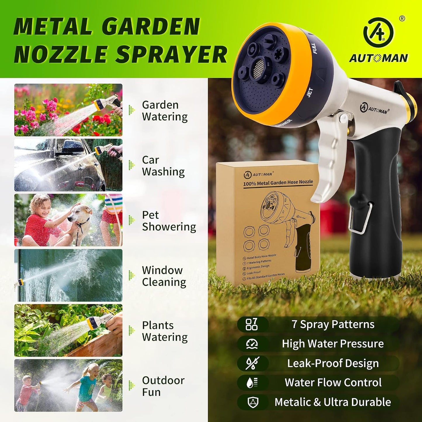 Garden Hose Nozzle Sprayer - High Pressure 100% Metal Water Spray Nozzle With 4 Patterns - Heavy Duty for Watering Plants, Lawns, Washing Cars & Pets