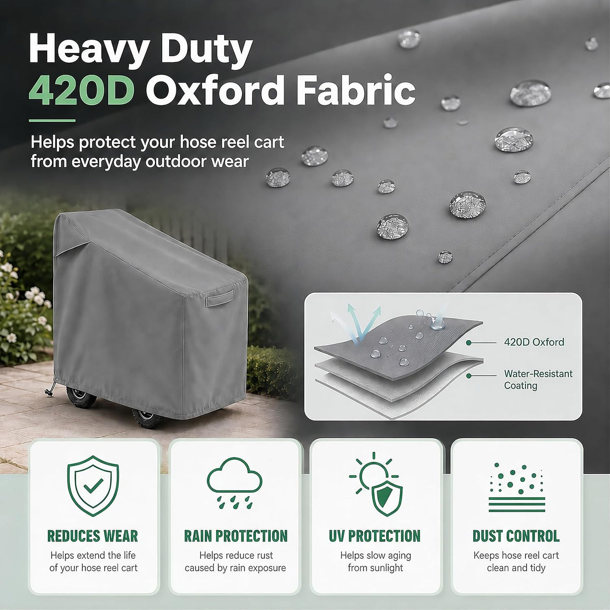 Hose Reel Cart Cover 420D Buckle Vent Handles Fit