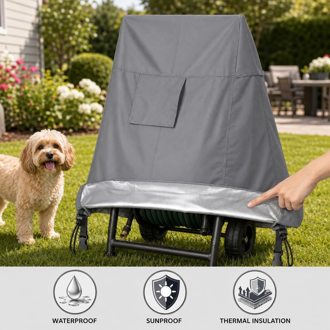 Hose Reel Cart Cover 420D Buckle Vent Handles Fit