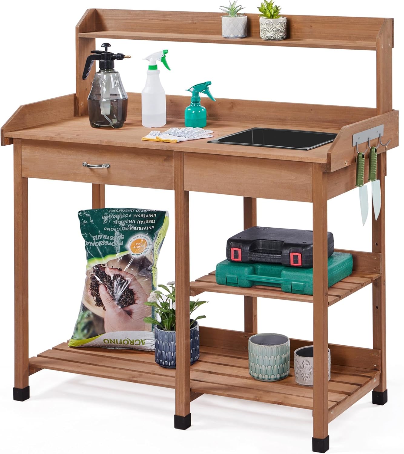 Yaheetech Potting Bench Outdoor Garden Work Bench Station Planting Solid Wood Construction for Horticulture w/Sink Drawer Rack Shelves Natural Wood