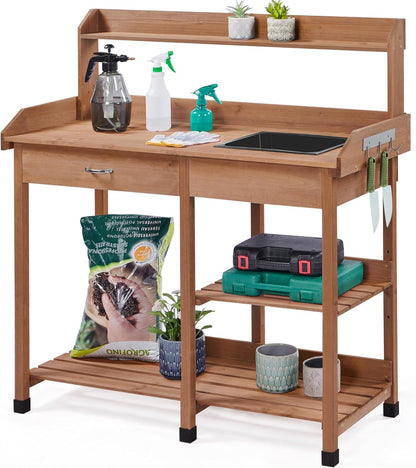 Yaheetech Potting Bench Outdoor Garden Work Bench Station Planting Solid Wood Construction for Horticulture w/Sink Drawer Rack Shelves Natural Wood