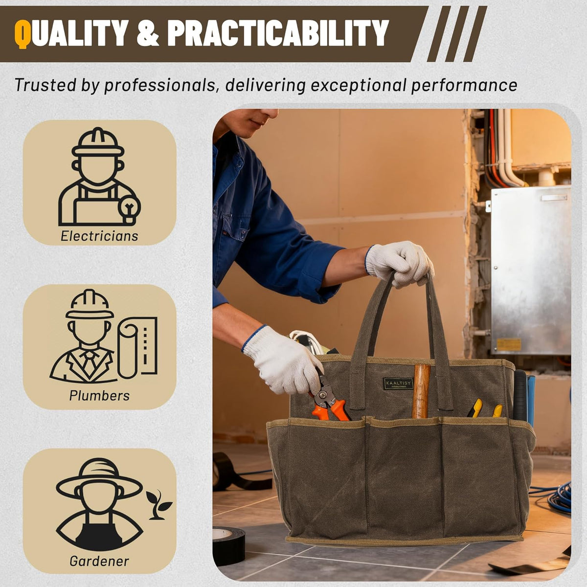 Tool Tote Bag, Heavy Duty 16oz Waxed Canvas Garden Tool Bag | Portable 11-Pocket Tool Storage Bag for Gardener Electrician Contractor Repairman (14"L x 5.5"W x 10.5"H) – Army Green