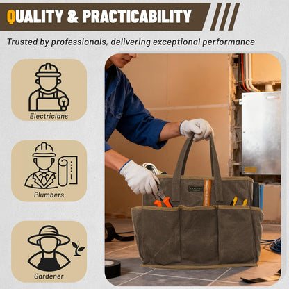Tool Tote Bag, Heavy Duty 16oz Waxed Canvas Garden Tool Bag | Portable 11-Pocket Tool Storage Bag for Gardener Electrician Contractor Repairman (14"L x 5.5"W x 10.5"H) – Army Green