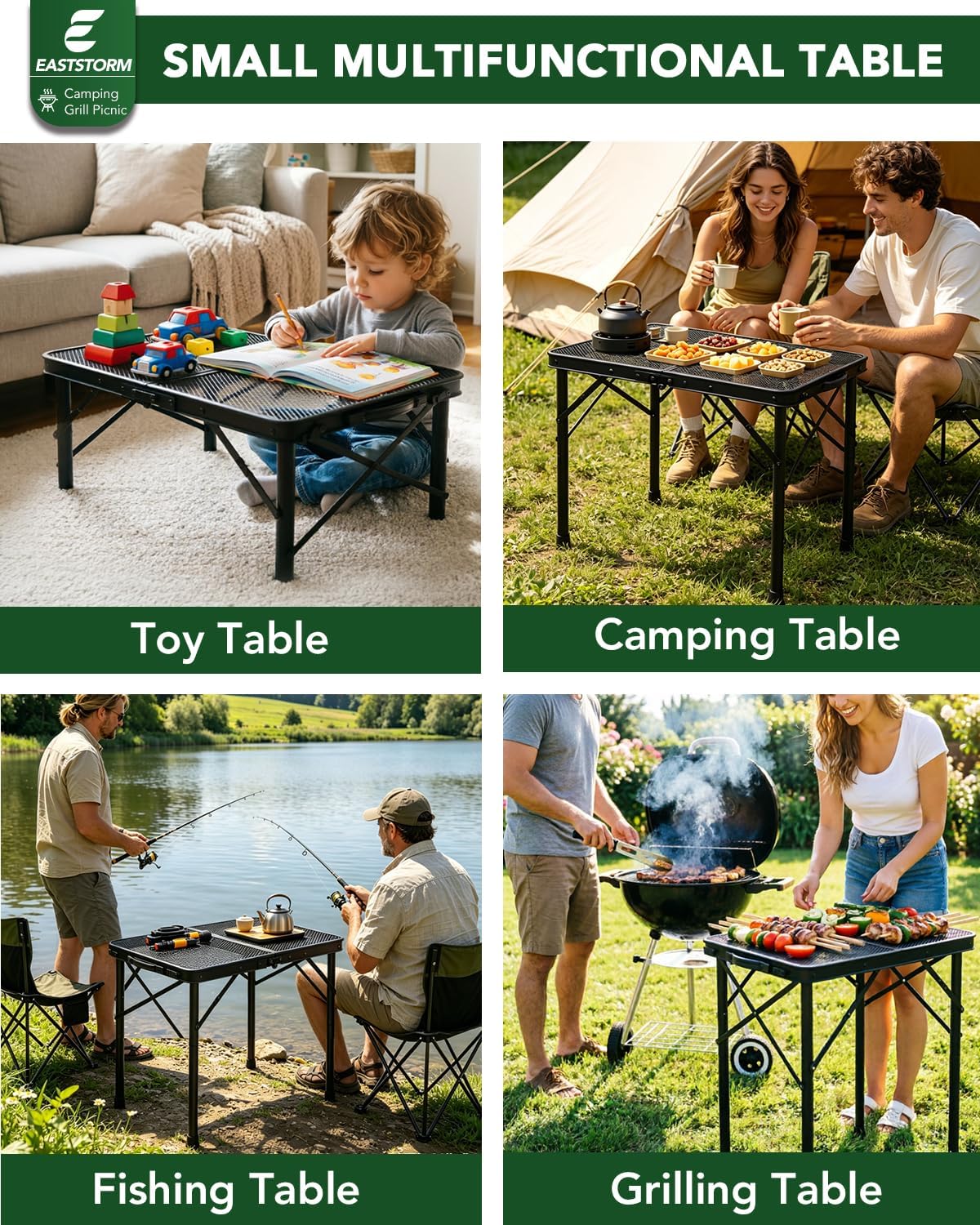 2Ft Small Folding Table with Carry Handle, Camping Table Adjustable Height 10.6–22 in, Black Metal Mesh, Portable & Compact for Outdoor/Indoor,Grill Table, 23.6×15.8 in, 4 lb, 66 lb Capacity