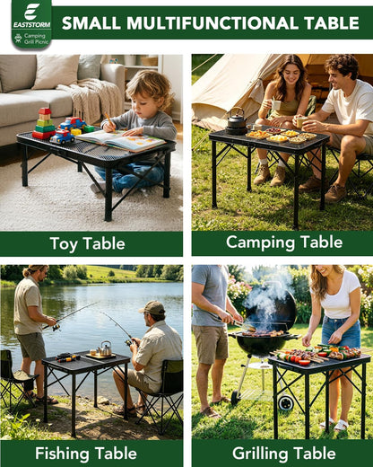 2Ft Small Folding Table with Carry Handle, Camping Table Adjustable Height 10.6–22 in, Black Metal Mesh, Portable & Compact for Outdoor/Indoor,Grill Table, 23.6×15.8 in, 4 lb, 66 lb Capacity