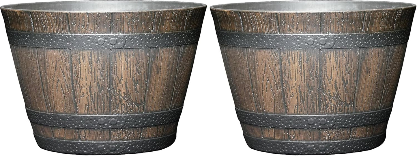 Classic Home & Garden by Growscape Whiskey Barrel Planters, Wooden Finish Flower Planter Pot, Decorative Garden Pots, Indoor Outdoor Resin Planters, Weather-Resistant Plant Pot (15” Oak Brown, 1-Pack)
