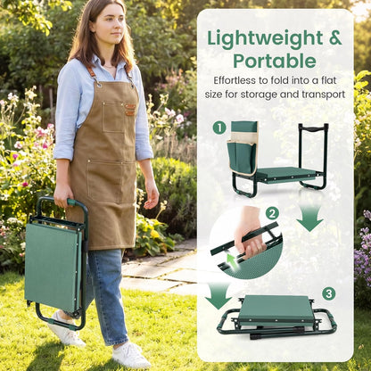 2-in-1 Garden Kneeler & Seat, Folding Seat w/EVA Foam Kneeling Pad & Removable Tools Pouch, Sturdy Steel Frame, No Assembly, Portable Heavy Duty Garden Stool for Women & Men