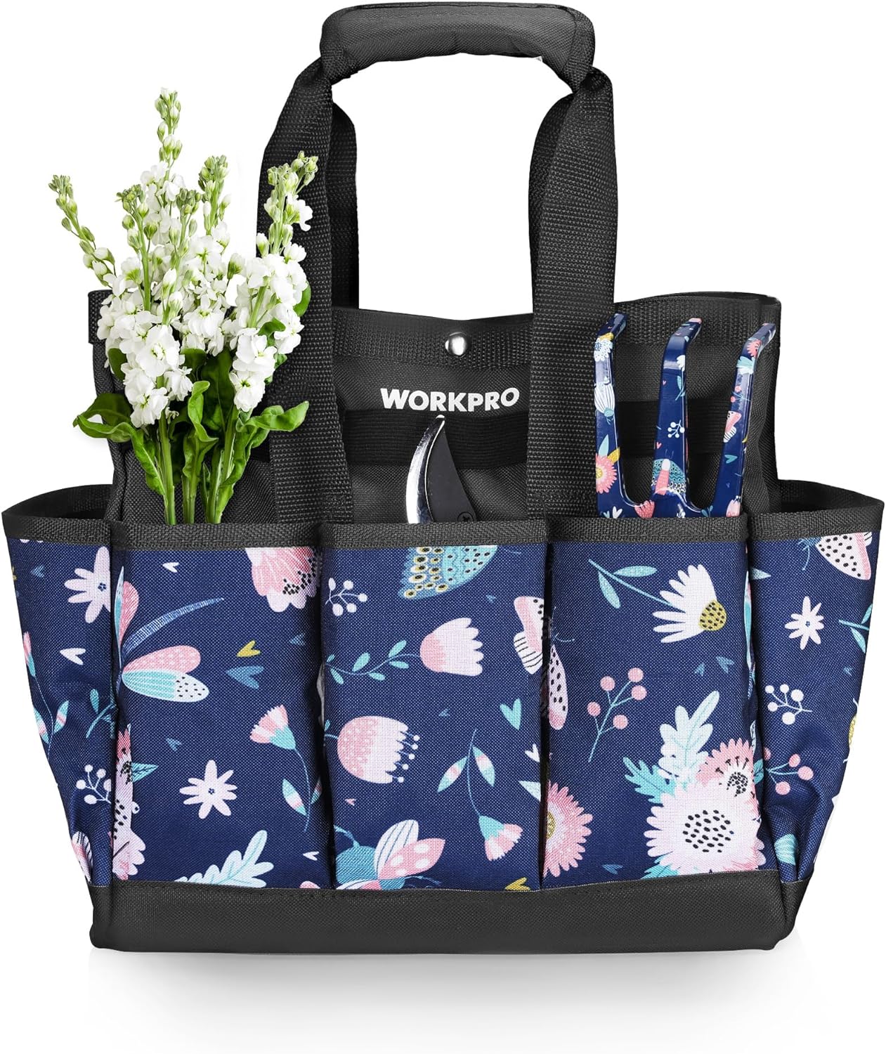 WORKPRO Garden Tool Bag, 9 Pockets Gardening Bag, Heavy Duty Oxford Garden Tote Caddy (Tools NOT Included), 12" x 12" x 6" (Floral White)