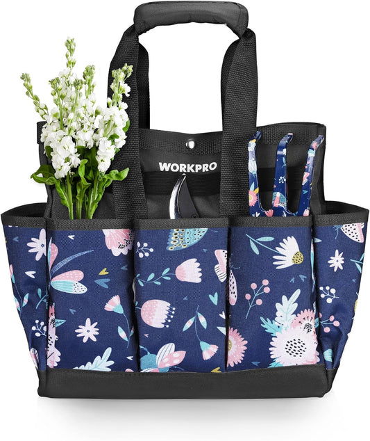 WORKPRO Garden Tool Bag, 9 Pockets Gardening Bag, Heavy Duty Oxford Garden Tote Caddy (Tools NOT Included), 12" x 12" x 6" (Floral White)