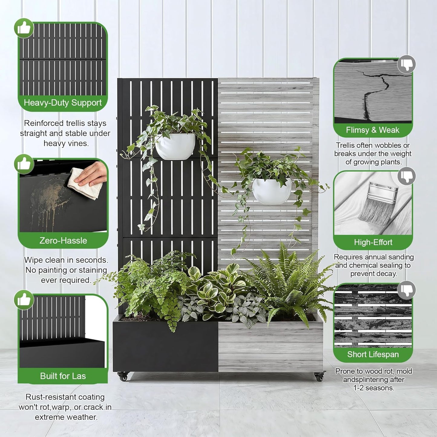Casaphoria Metal Raised Garden Bed with Trellis and Wheels, 72"x47"x16" Planter Box for Climbing Plants, Vegetables & Vines, Features Drainage Holes and Privacy Screen (Black-Louver) - Colors D
