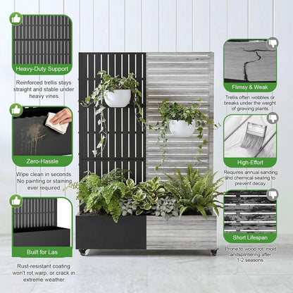 Casaphoria Metal Raised Garden Bed with Trellis and Wheels, 72"x47"x16" Planter Box for Climbing Plants, Vegetables & Vines, Features Drainage Holes and Privacy Screen (Black-Louver) - Colors D