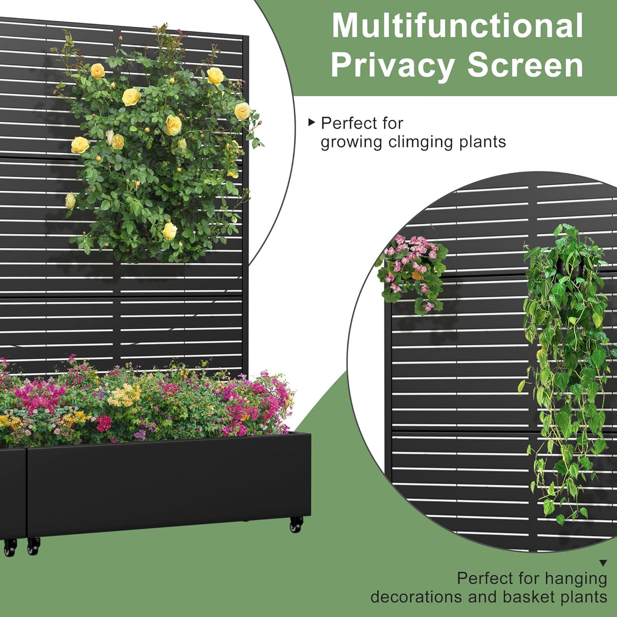 Casaphoria Metal Raised Garden Bed with Trellis and Wheels, 72"x47"x16" Planter Box for Climbing Plants, Vegetables & Vines, Features Drainage Holes and Privacy Screen (Black-Louver) - Colors C