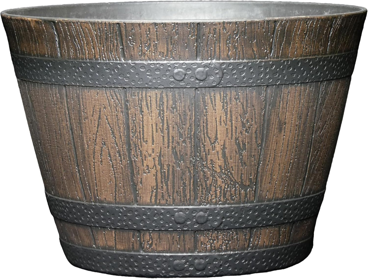 Classic Home & Garden by Growscape Whiskey Barrel Planters, Wooden Finish Flower Planter Pot, Decorative Garden Pots, Indoor Outdoor Resin Planters, Weather-Resistant Plant Pot (15” Oak Brown, 1-Pack)
