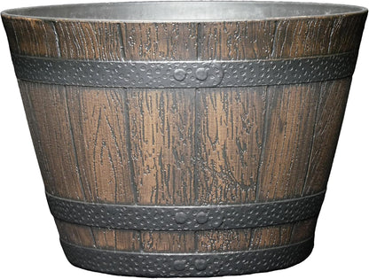 Classic Home & Garden by Growscape Whiskey Barrel Planters, Wooden Finish Flower Planter Pot, Decorative Garden Pots, Indoor Outdoor Resin Planters, Weather-Resistant Plant Pot (15” Oak Brown, 1-Pack)