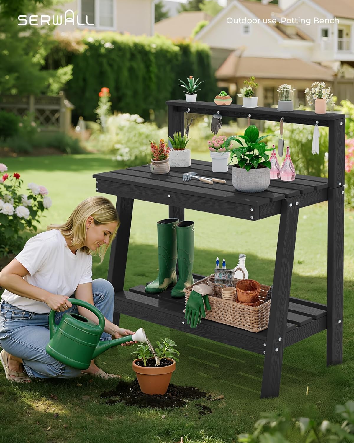 SERWALL Outdoor Potting Bench with Removeable Sink,Rot-Resistant HDPE Potting Table for Outside Gardening, All Weather Use - Gray