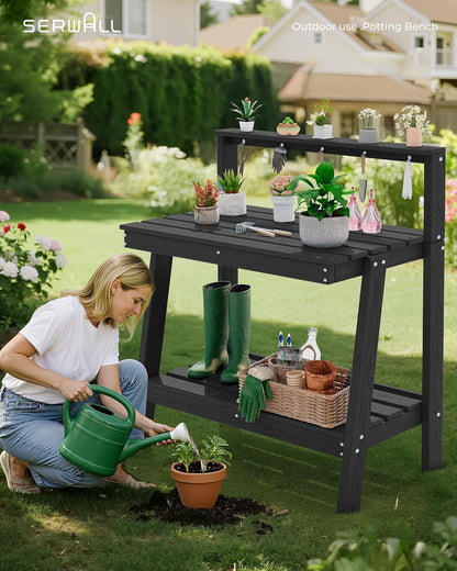 SERWALL Outdoor Potting Bench with Removeable Sink,Rot-Resistant HDPE Potting Table for Outside Gardening, All Weather Use - Gray