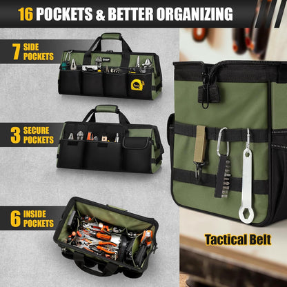 UUP Heavy Duty Tool Bag 15-Inch, 16-Pocket Portable Empty Tool Box Organizer, Big Storage Toolbox Organization, Soft Handle Large Zipper Carrying Toolbag, Father Day Gifts for Him Dad Men, Green