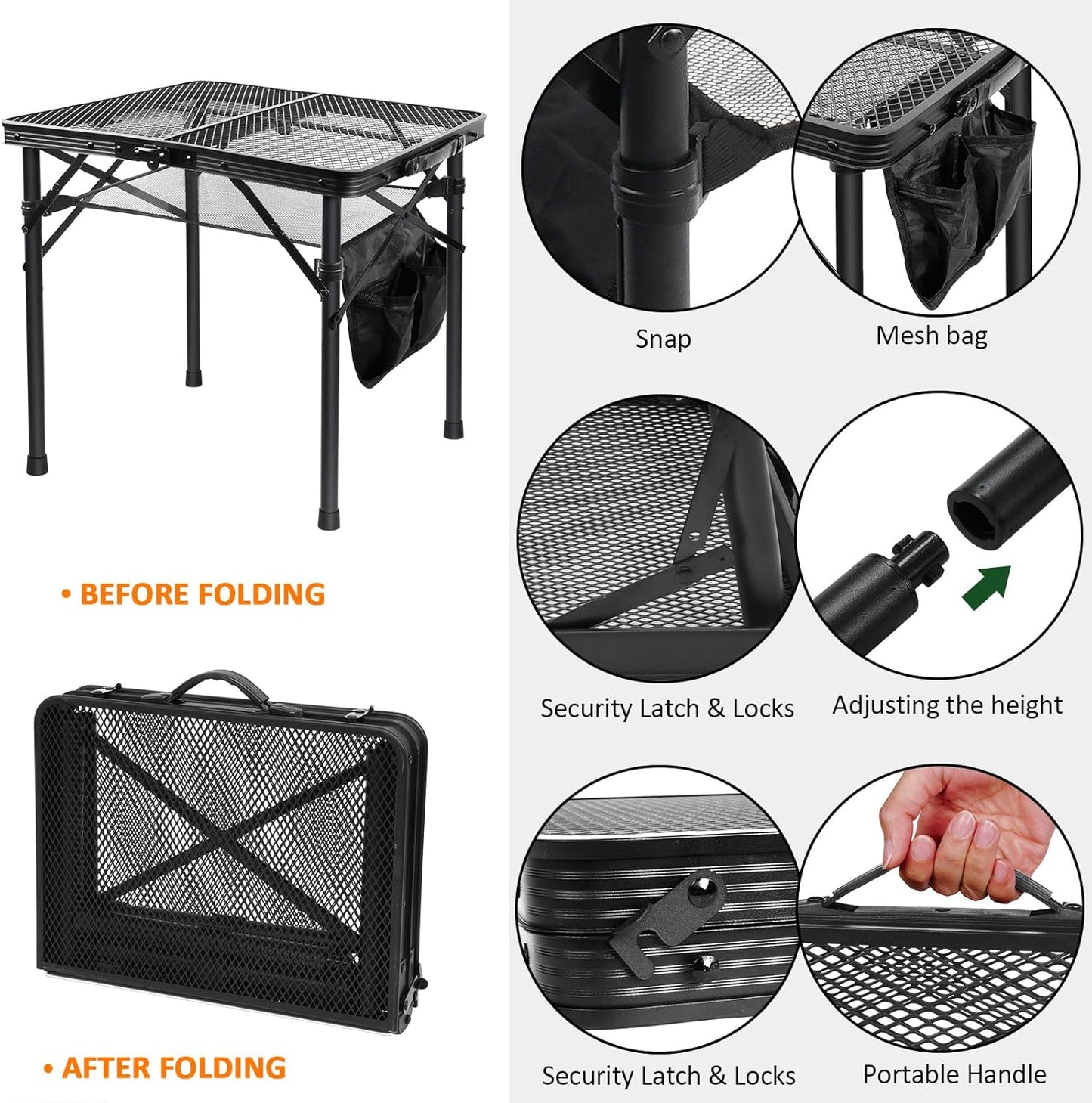 2Ft Small Folding Table with Carry Handle, Camping Table Adjustable Height 10.6–22 in, Black Metal Mesh, Portable & Compact for Outdoor/Indoor,Grill Table, 23.6×15.8 in, 4 lb, 66 lb Capacity