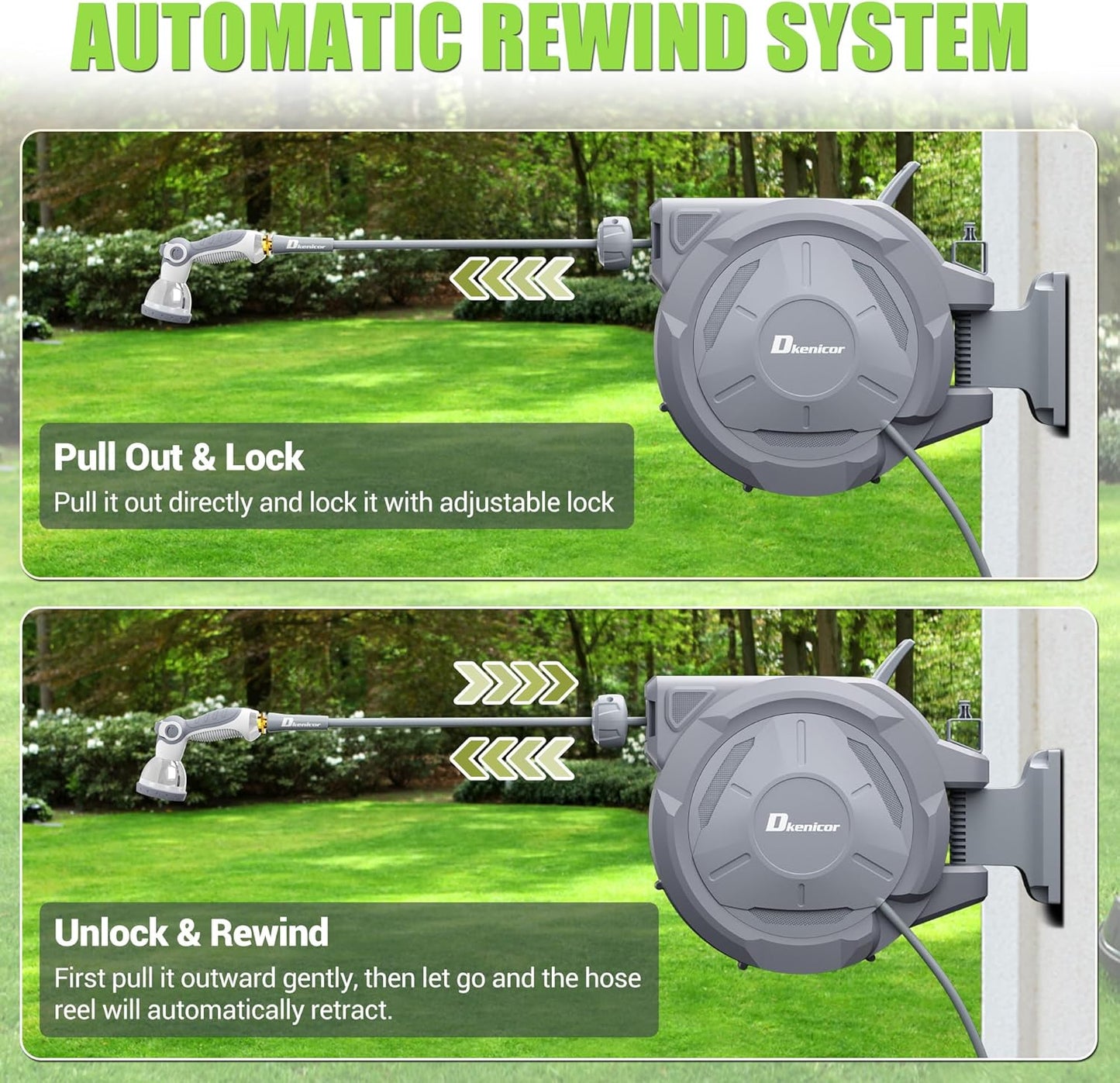 5/8" × 110 ft Retractable Hose Reel, Heavy Duty Retractable Garden Hose Reel Wall Mounted with 10-Pattern Hose Nozzle/Any Length Lock/Slow Return System/180°Swivel Bracket