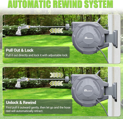 5/8" × 110 ft Retractable Hose Reel, Heavy Duty Retractable Garden Hose Reel Wall Mounted with 10-Pattern Hose Nozzle/Any Length Lock/Slow Return System/180°Swivel Bracket