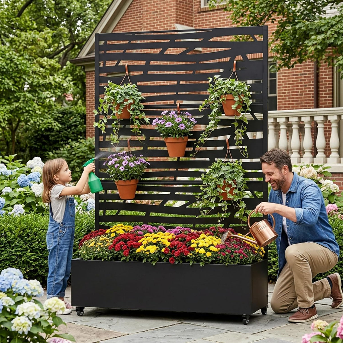 Casaphoria Metal Raised Garden Bed with Trellis and Wheels, 72"x47"x16" Planter Box for Climbing Plants, Vegetables & Vines, Features Drainage Holes and Privacy Screen (Black-Louver) - Colors A