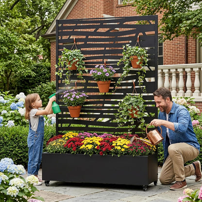 Casaphoria Metal Raised Garden Bed with Trellis and Wheels, 72"x47"x16" Planter Box for Climbing Plants, Vegetables & Vines, Features Drainage Holes and Privacy Screen (Black-Louver) - Colors A