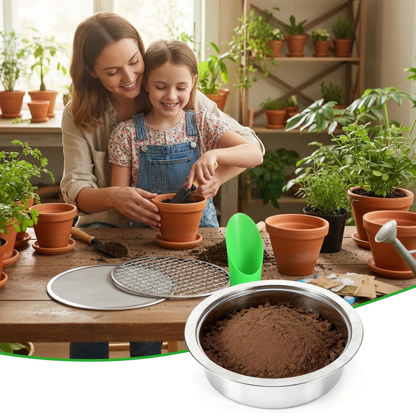 Kifmurase Stainless Steel Soil Sifter for Gardening, Sand Sifter Tool with Interchangeable Mesh Screens(1,3,6,9,12mm) and Scoop Shovel, Bonsai Soils Scoops Set, Garden Sieve Soils Sifters for Gravel