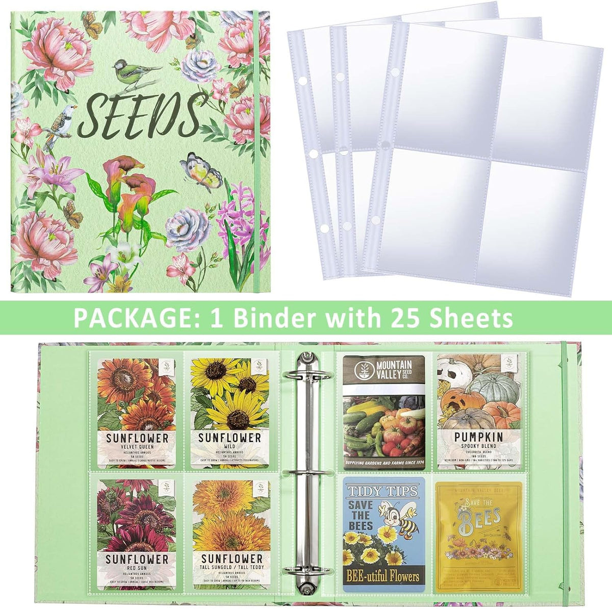 Seed Organizer Garden Seeds Storage Clear Sheet Protectors with 8.5x11 Binder, Seed Packet Organizer Kit