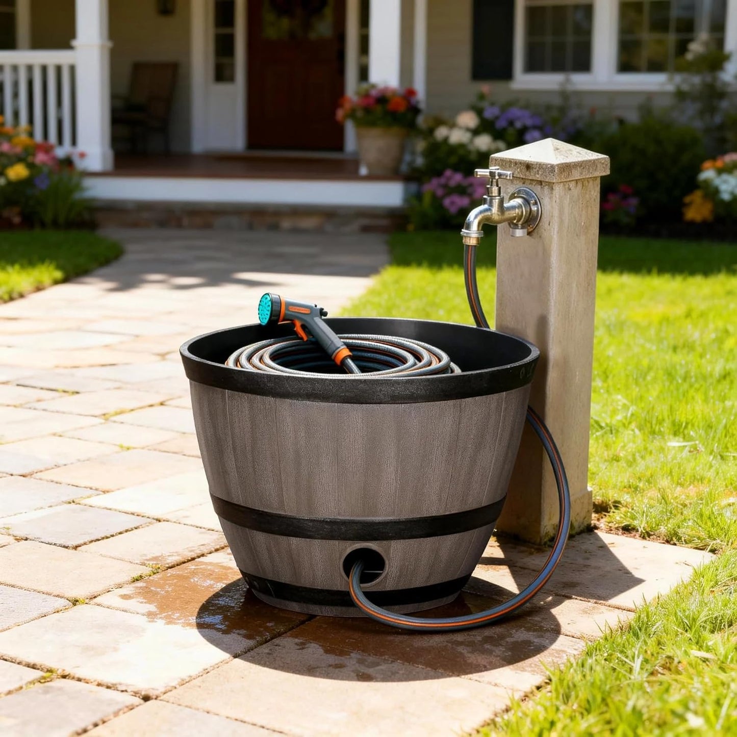Whiskey Barrel Garden Hose Pot, 18"" Dia. x 12"" H, Walnut Brown – 100% Certified Recycled Resin Outdoor Water Hose Storage with Removable Drainage Plug, UV & Weather Resistant
