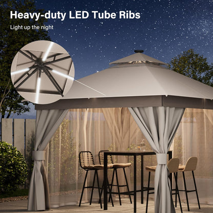 10x20 Gazebo Canopy with 100FT String Lights, Metal Heavy Duty Patio Canopy Tent with Double Roofs, Mosquito Nettings and Privacy Screens for Backyard, Garden, Lawn, Gray