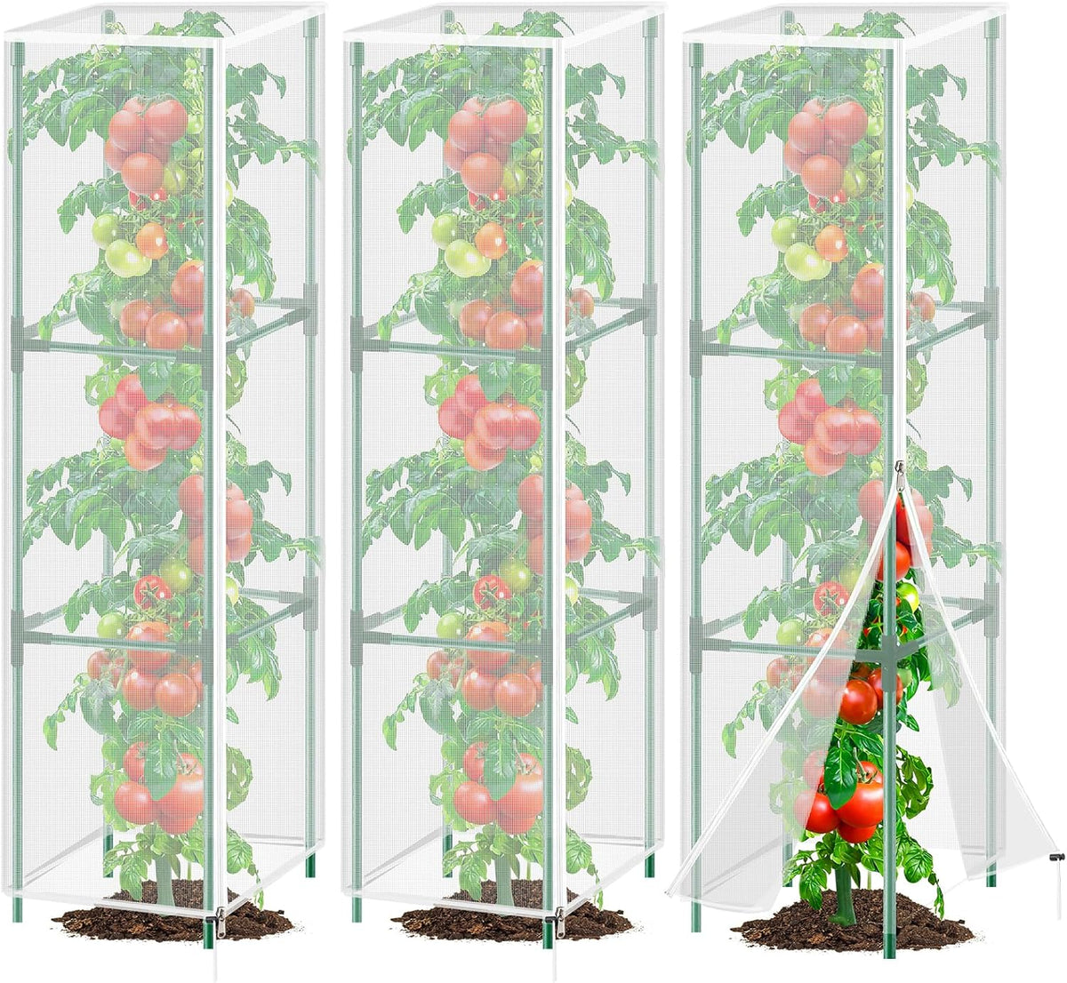 3 Pack Garden Bird Netting Plant Cover for Round Tomato Cage, 61"x13" Insect Bird Barrier Tomato Cage Net with Zipper & Drawstring, Tomato Trellis Netting Protection Cover for Protecting Plants