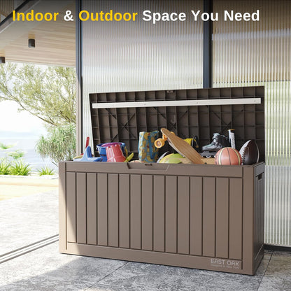 EAST OAK Outdoor Storage Box, 31 Gallon Deck Box Indoor and Outdoor Use, Waterproof Resin Storage Bin for Package Delivery, Patio Cushions, Gardening Tools, Lockable, UV Resistant, Grey