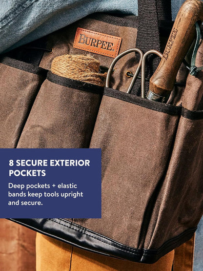 Burpee Waxed Canvas Garden Tool Tote | Heavy-Duty Tote Bag Storage Organizer for Gardening Tools | Great Gift for Gardeners | Canvas Tote Bag Caddy 8 Exterior Pockets for Tool Storage, 12" H x 14.5" W