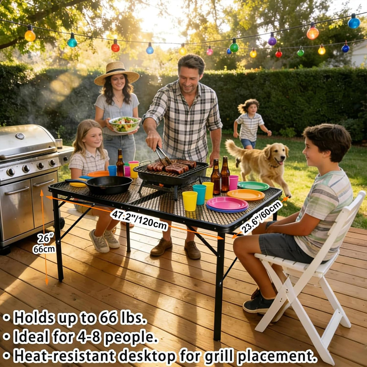 2Ft Small Folding Table with Carry Handle, Camping Table Adjustable Height 10.6–22 in, Black Metal Mesh, Portable & Compact for Outdoor/Indoor,Grill Table, 23.6×15.8 in, 4 lb, 66 lb Capacity