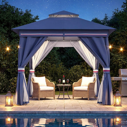10x20 Gazebo Canopy with 100FT String Lights, Metal Heavy Duty Patio Canopy Tent with Double Roofs, Mosquito Nettings and Privacy Screens for Backyard, Garden, Lawn, Gray