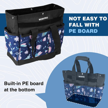 WORKPRO Garden Tool Bag, 9 Pockets Gardening Bag, Heavy Duty Oxford Garden Tote Caddy (Tools NOT Included), 12" x 12" x 6" (Floral White)