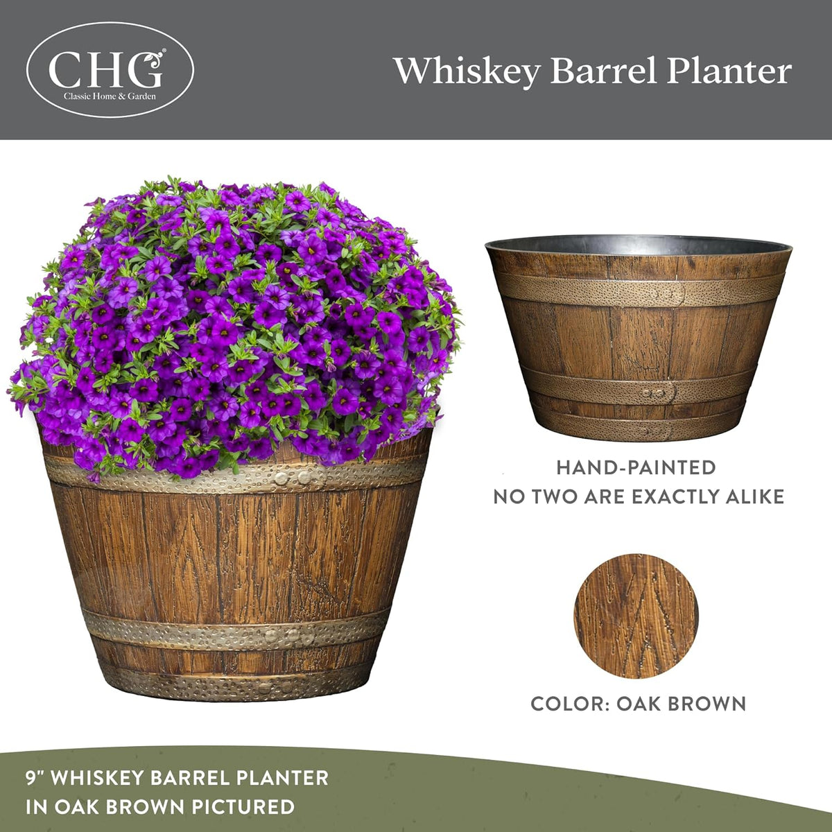Classic Home & Garden by Growscape Whiskey Barrel Planters, Wooden Finish Flower Planter Pot, Decorative Garden Pots, Indoor Outdoor Resin Planters, Weather-Resistant Plant Pot (15” Oak Brown, 1-Pack)