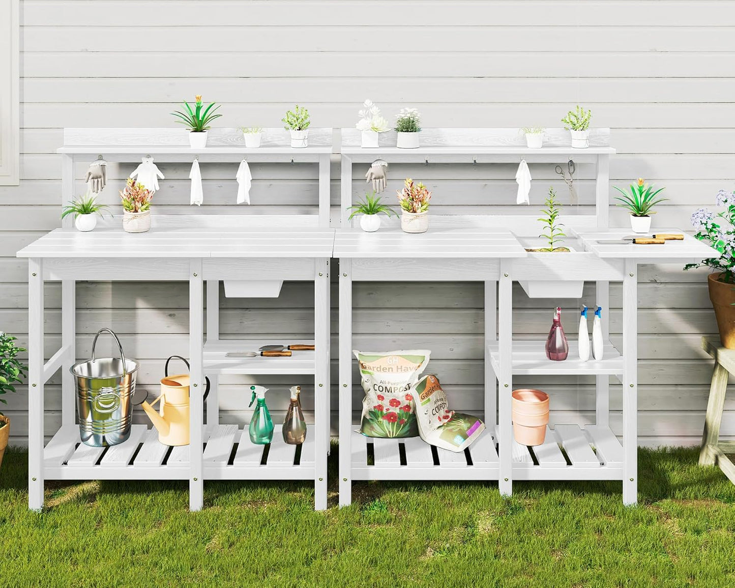 SERWALL Outdoor Potting Bench with Removeable Sink,Rot-Resistant HDPE Potting Table for Outside Gardening, All Weather Use - Gray