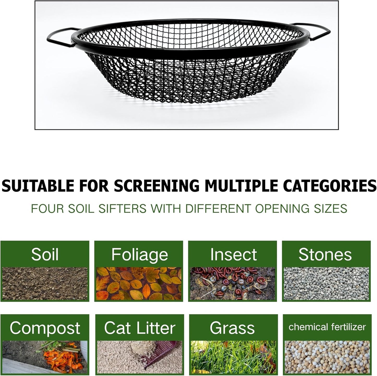3PCS Soil Sifter for Gardening, Rock Sifter for 5gallon Bucket, Dirt Sifter Compost Sifter, Sifter for Gravel Sawdust Vermicompost, 3mm, 6mm,8mm, Soil Sifter with Handle