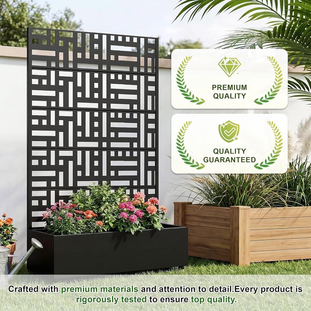 Casaphoria Metal Raised Garden Bed with Trellis and Wheels, 72"x47"x16" Planter Box for Climbing Plants, Vegetables & Vines, Features Drainage Holes and Privacy Screen (Black-Louver) - Colors B