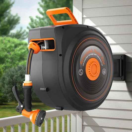 Retractable Garden Hose Reel 65 FT 1/2 IN for Outside, Upgraded 10 Spray Patterns, Heavy Duty Automatic Water Hose Reel with Any Length Lock, Wall Mount, Pro Guide System, 180° Swivel